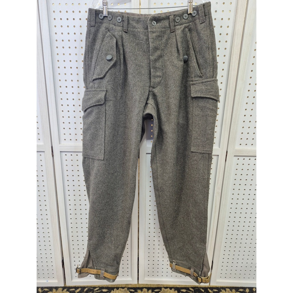 Vintage 1965 Swedish Military Wool Field Cargo Pants Grey 35x31 Leather Straps